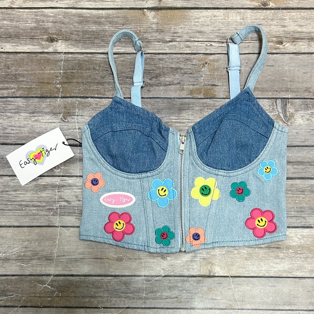 Easy Tiger Denim Flower Power Smiley Face Patches Zip Up Cropped Bustier XS NWT